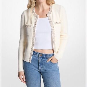 Michael Kors Embellished Nylon Blend Cardigan in Bone Cream Size XL